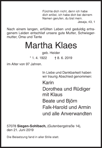 Traueranzeige von Martha Klaes von Siegener Zeitung