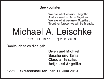 Traueranzeige von Michael A. Leischke von Siegener Zeitung