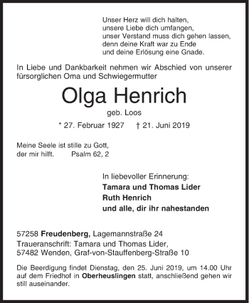 Traueranzeige von Olga Henrich von Siegener Zeitung