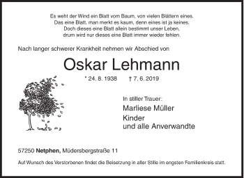 Traueranzeige von Oskar Lehmann von Siegener Zeitung