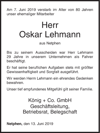 Traueranzeige von Oskar Lehmann von Siegener Zeitung