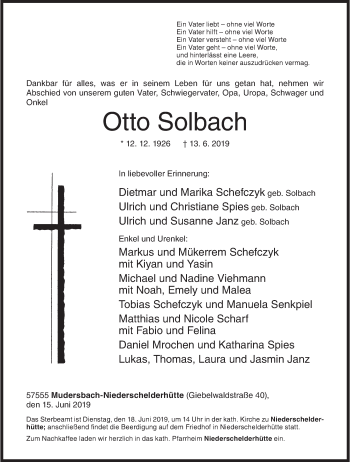 Traueranzeige von Otto Solbach von Siegener Zeitung