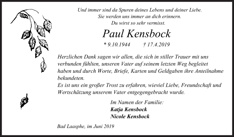  Traueranzeige für Paul Kensbock vom 22.06.2019 aus Siegener Zeitung