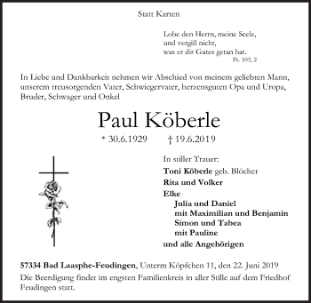 Traueranzeige von Paul Köberle von Siegener Zeitung