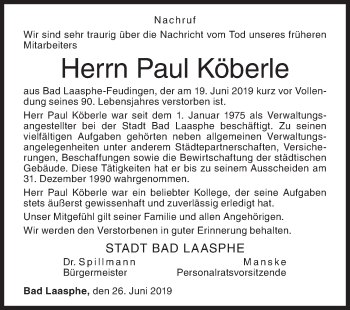 Traueranzeige von Paul Köberle von Siegener Zeitung