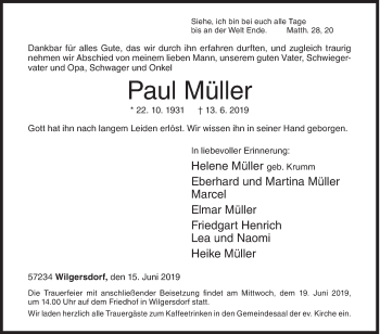 Traueranzeige von Paul Müller von Siegener Zeitung