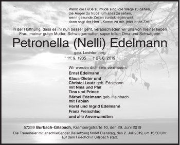 Traueranzeige von Petronella Edelmann von Siegener Zeitung