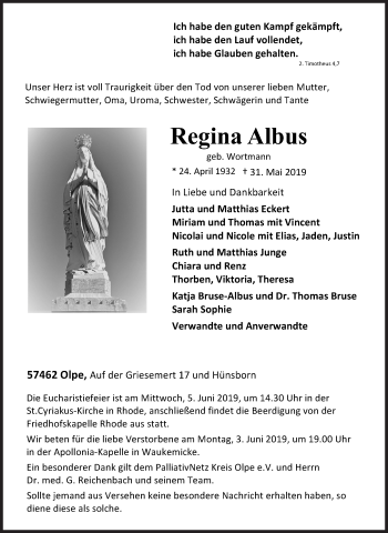 Traueranzeige von Regina Albus von Siegener Zeitung