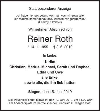 Traueranzeige von Reiner Roth von Siegener Zeitung