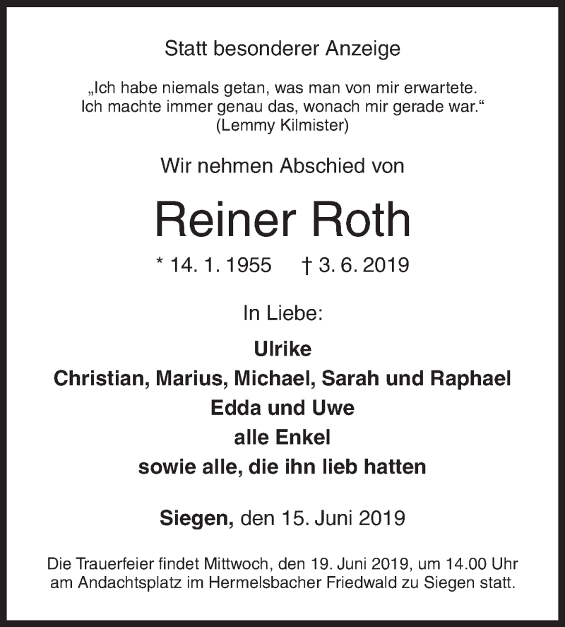  Traueranzeige für Reiner Roth vom 15.06.2019 aus Siegener Zeitung