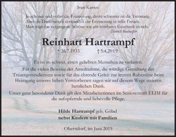 Traueranzeige von Reinhart Hartrampf von Siegener Zeitung