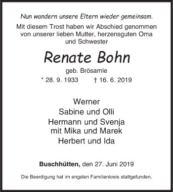 Traueranzeige von Renate Bohn von Siegener Zeitung