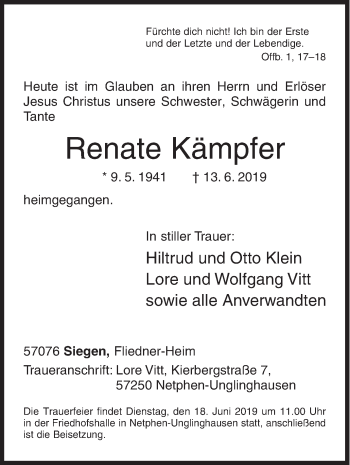 Traueranzeige von Renate Kämpfer von Siegener Zeitung