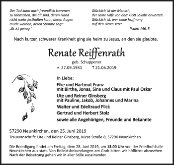 Traueranzeige von Renate Reiffenrath von Siegener Zeitung