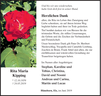 Traueranzeige von Rita Maria Kipping von Siegener Zeitung