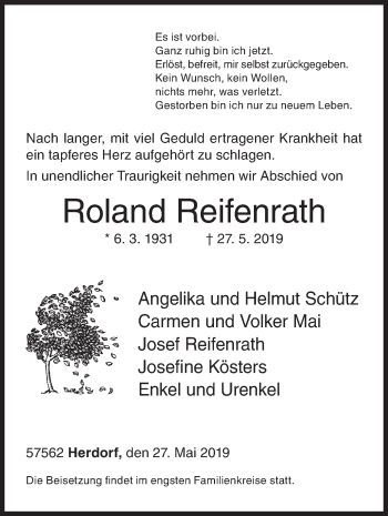 Traueranzeige von Roland Reifenrath von Siegener Zeitung
