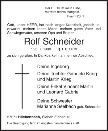Traueranzeige von Rolf Schneider von Siegener Zeitung