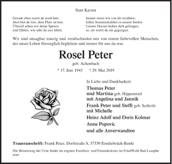 Traueranzeige von Rosel Peter von Siegener Zeitung