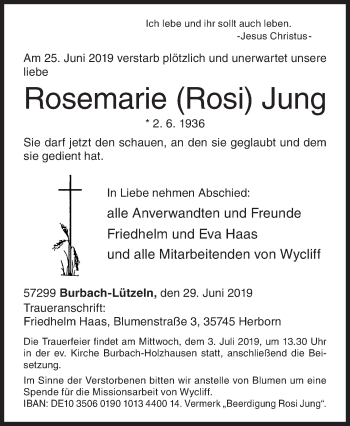 Traueranzeige von Rosemarie Jung von Siegener Zeitung