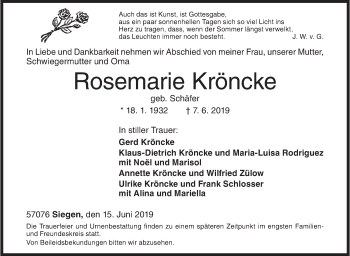 Traueranzeige von Rosemarie Kröncke von Siegener Zeitung