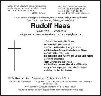 Traueranzeige von Rudolf Haas von Siegener Zeitung