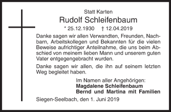 Traueranzeige von Rudolf Schleifenbaum von Siegener Zeitung