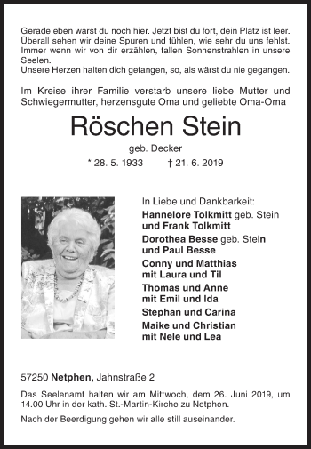 Traueranzeige von Röschen Stein von Siegener Zeitung