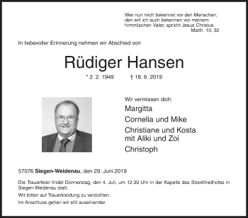 Traueranzeige von Rüdiger Hansen von Siegener Zeitung