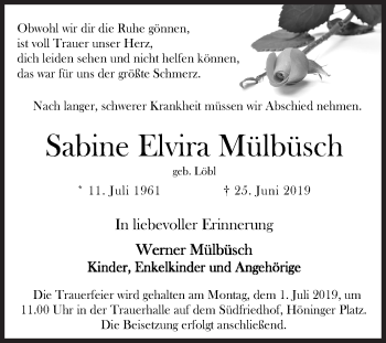 Traueranzeige von Sabine Elvira Mülbüsch von Siegener Zeitung