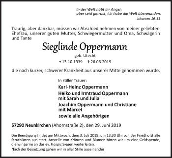 Traueranzeige von Sieglinde Oppermann von Siegener Zeitung