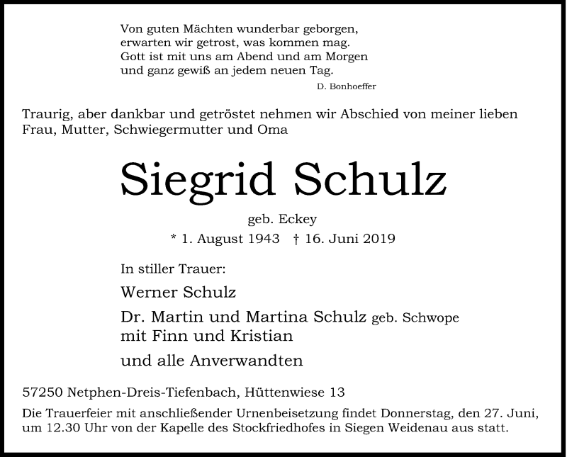  Traueranzeige für Siegrid Schulz vom 22.06.2019 aus Siegener Zeitung