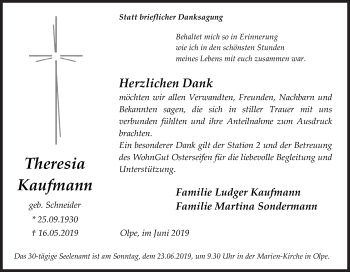 Traueranzeige von Theresia Kaufmann von Siegener Zeitung