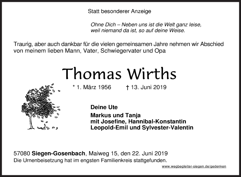  Traueranzeige für Thomas Wirths vom 22.06.2019 aus Siegener Zeitung