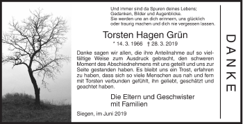 Traueranzeige von Torsten Hagen Grün von Siegener Zeitung