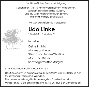 Traueranzeige von Udo Linke von Siegener Zeitung