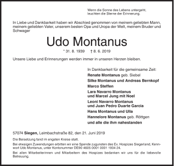Traueranzeige von Udo Montanus von Siegener Zeitung
