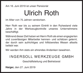 Traueranzeige von Ulrich Roth von Siegener Zeitung