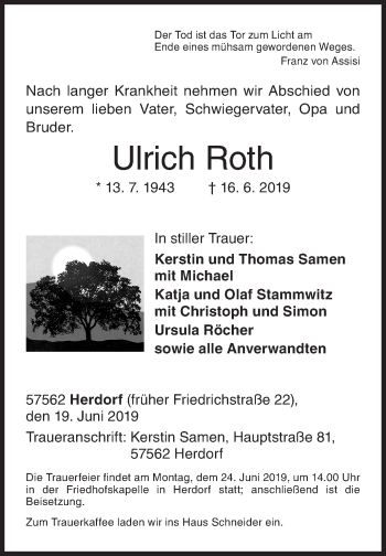 Traueranzeige von Ulrich Roth von Siegener Zeitung