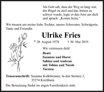 Traueranzeige von Ulrike Fries von Siegener Zeitung