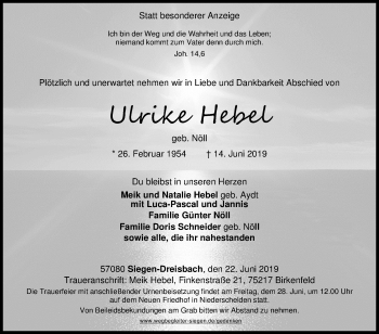 Traueranzeige von Ulrike Hebel von Siegener Zeitung
