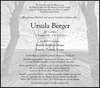 Traueranzeige von Ursula Berger von Siegener Zeitung