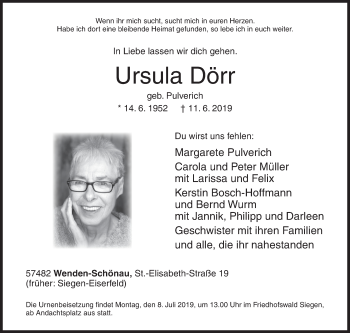Traueranzeige von Ursula Dörr von Siegener Zeitung