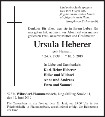 Traueranzeige von Ursula Heberer von Siegener Zeitung