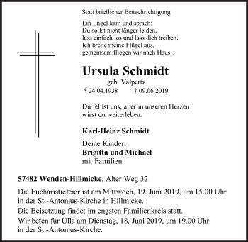 Traueranzeige von Ursula Schmidt von Siegener Zeitung