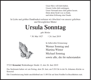 Traueranzeige von Ursula Sonntag von Siegener Zeitung