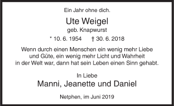 Traueranzeige von Ute Weigel von Siegener Zeitung