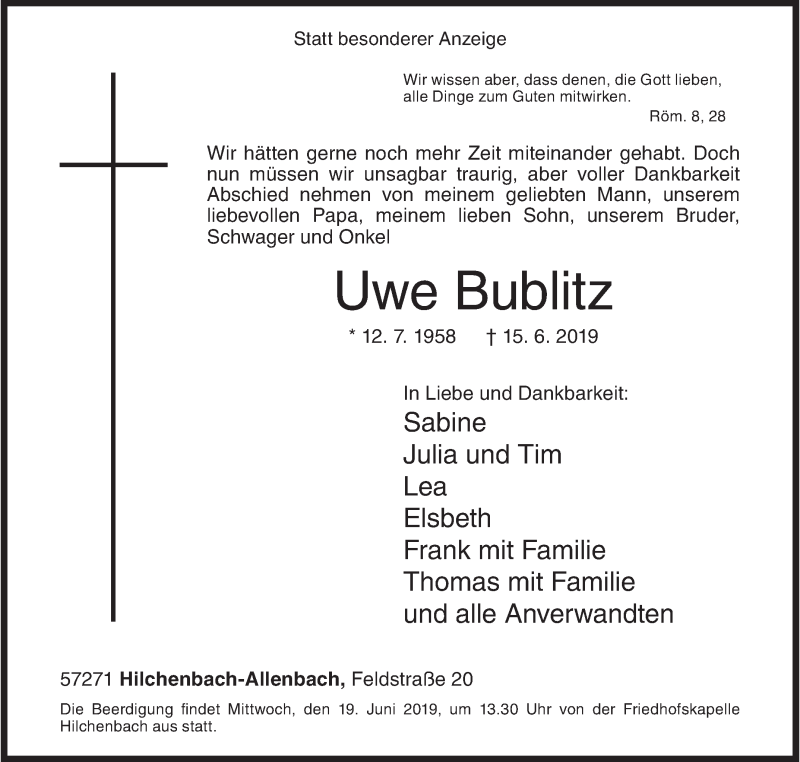  Traueranzeige für Uwe Bublitz vom 17.06.2019 aus Siegener Zeitung