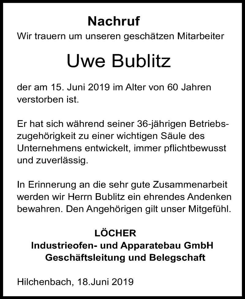  Traueranzeige für Uwe Bublitz vom 18.06.2019 aus Siegener Zeitung