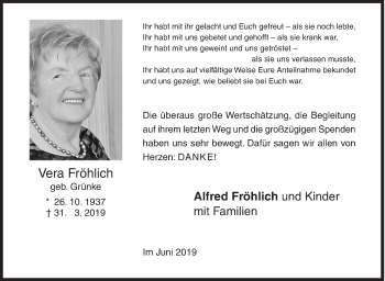 Traueranzeige von Vera Fröhlich von Siegener Zeitung