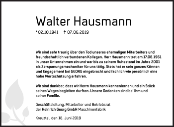 Traueranzeige von Walter Hausmann von Siegener Zeitung